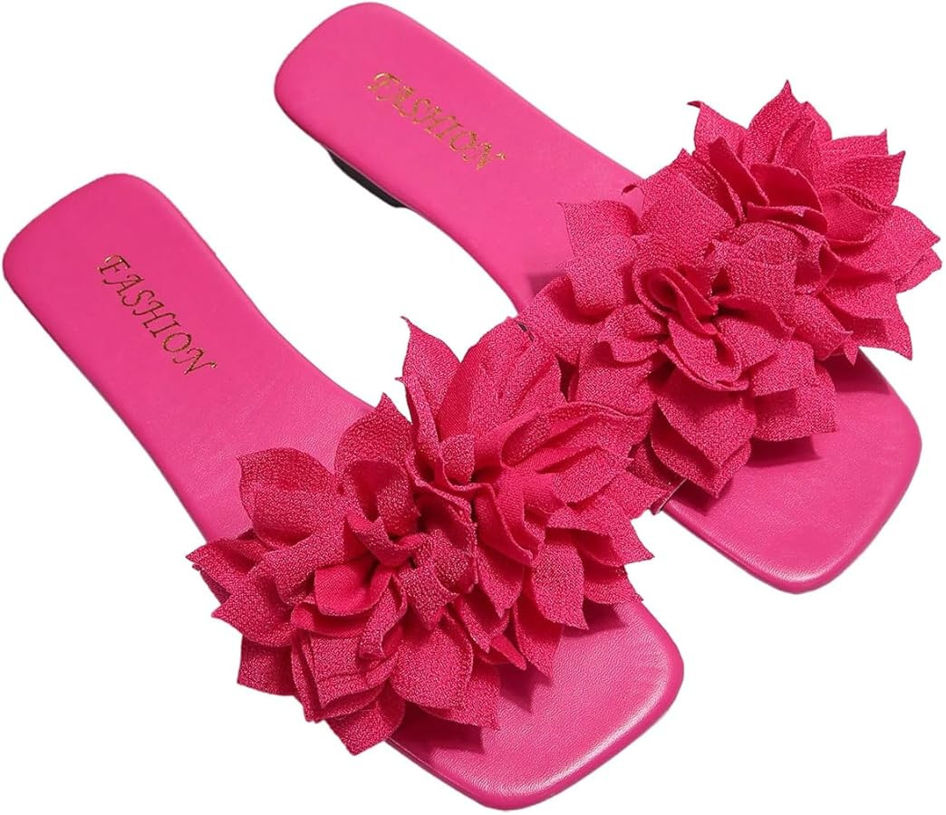 Women's 3D Floral Flat Sandals Dressy Square Open Toe Sandals Single Band Casual Slip on Slides | Amazon (US)