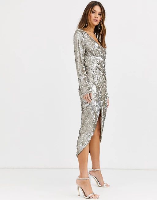 TFNC long sleeve sequin wrap midi dress with front drape details in silver and gold | ASOS US