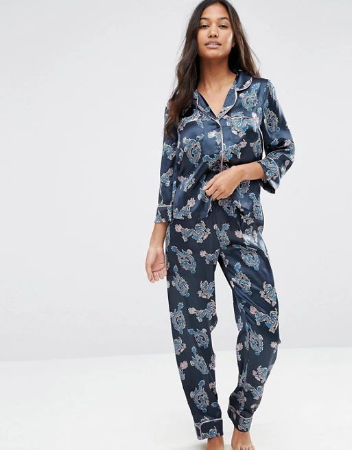 ASOS Dragon Satin Shirt & Long Leg Pajama Set With Metallic Piping | ASOS US