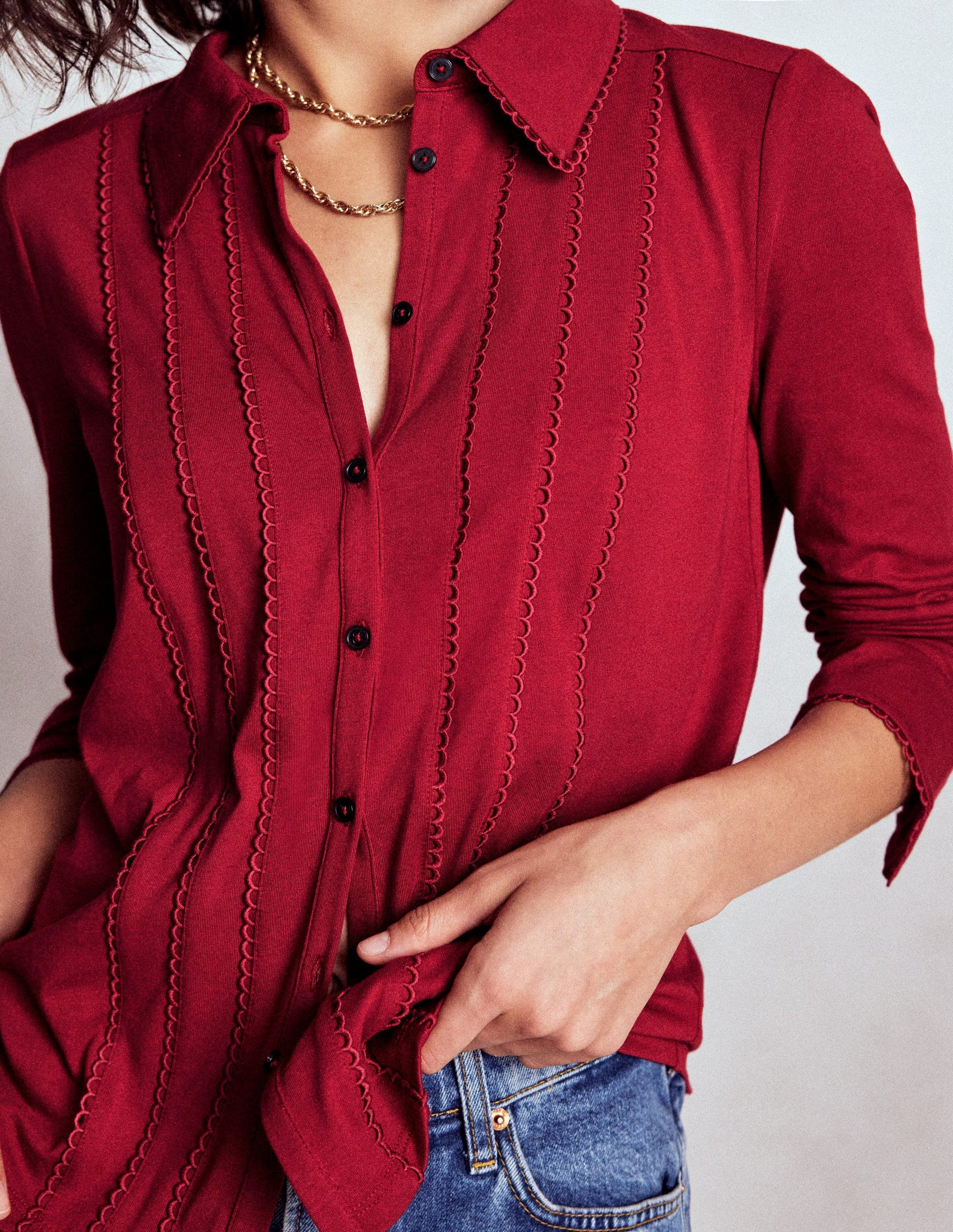 Picot Trim Jersey Shirt-Crimson Red | Boden (US)