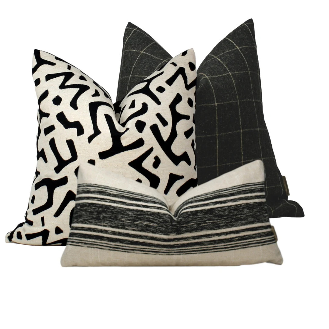 Pillow Combo 122  Charcoal Windowpane Check Pillow Cover, Cream and Black Tribal Pillow, Cream Bl... | Etsy (US)