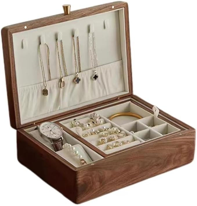 Bescott 2 Layer Solid Black Walnut Wooden Jewelry Box for Women Wood Vintage Organizer for Men Ea... | Amazon (US)