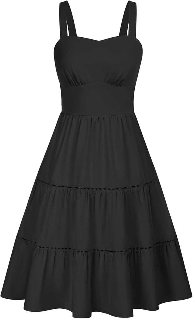 Belle Poque Women's Vintage Sleeveless Solid Floral Ruched Summer Cute A-Line Flowy Swing Midi Dr... | Amazon (US)