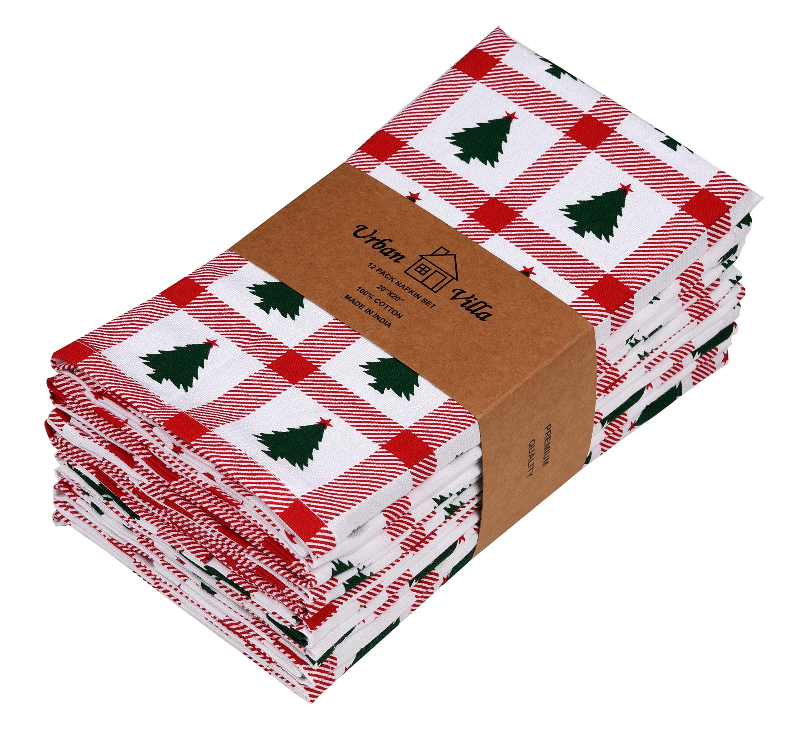 Urban Villa Christmas Tree Print Set of 12 Dinner Napkins (20X20 Inch) 100% Cotton Premium Over Size | Amazon (US)