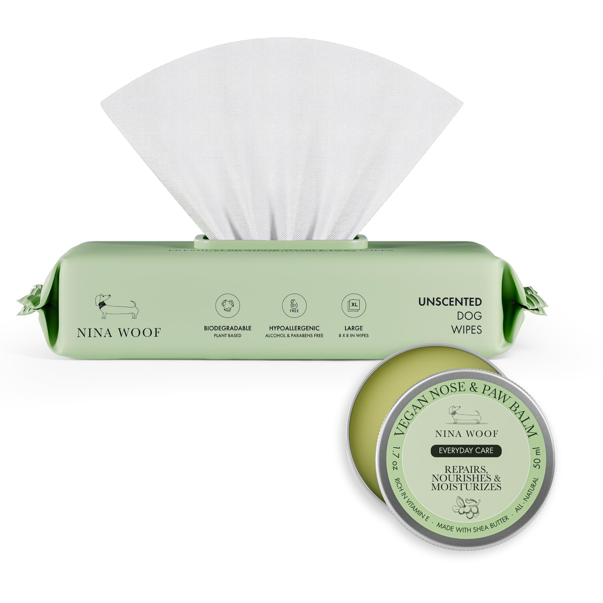 Nina Woof Pet Care Bundle: 70 Biodegradable Dog Wipes & Vegan Paw & Nose Balm - Aloe Vera, Shea B... | Amazon (US)