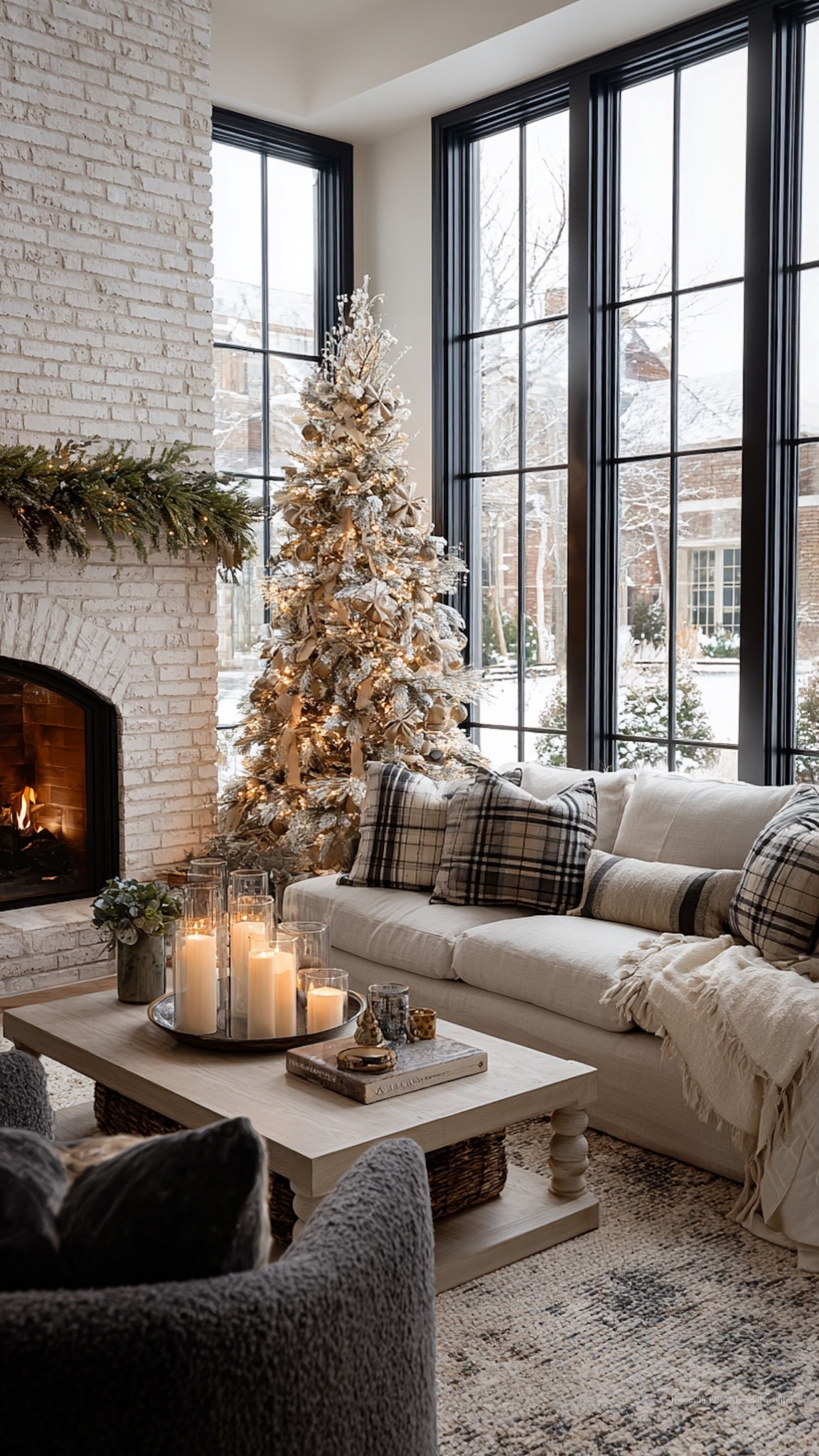 Neutral Christmas living room with white linen sofa, charcoal grey boucle accent chairs, tartan plaids + candlelight. Cozy, warm Ralph Lauren Christmas inspired home decor!