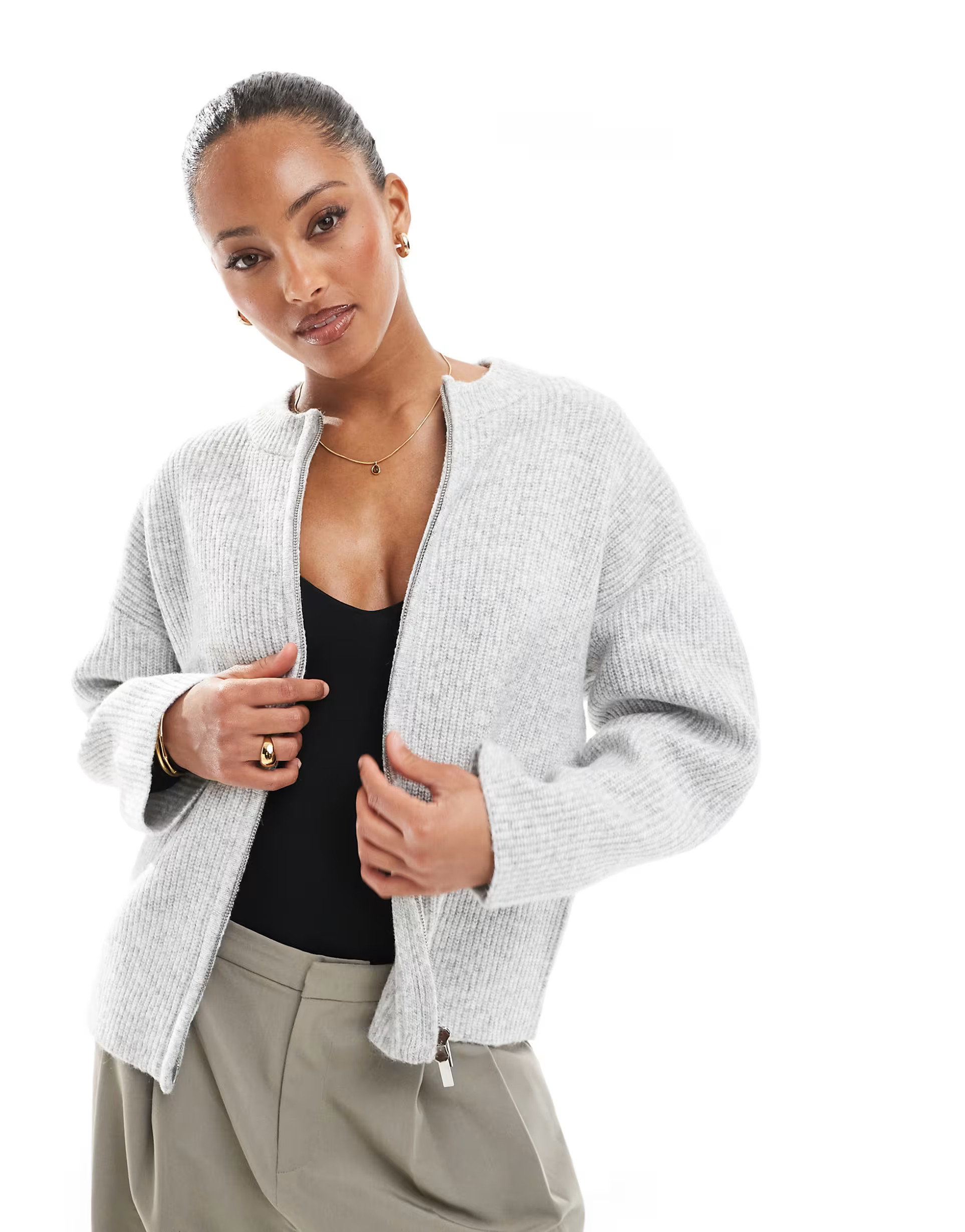 4th & Reckless premium high neck double zip knitted bomber jacket in grey | ASOS (Global)