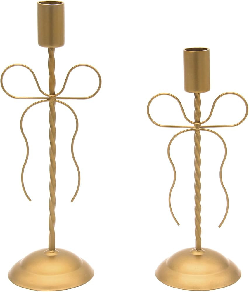 2 Sets Gold Candlestick Holders Taper Candle Holders, Vintage Brass Tall Candlesticks with Bows f... | Amazon (US)