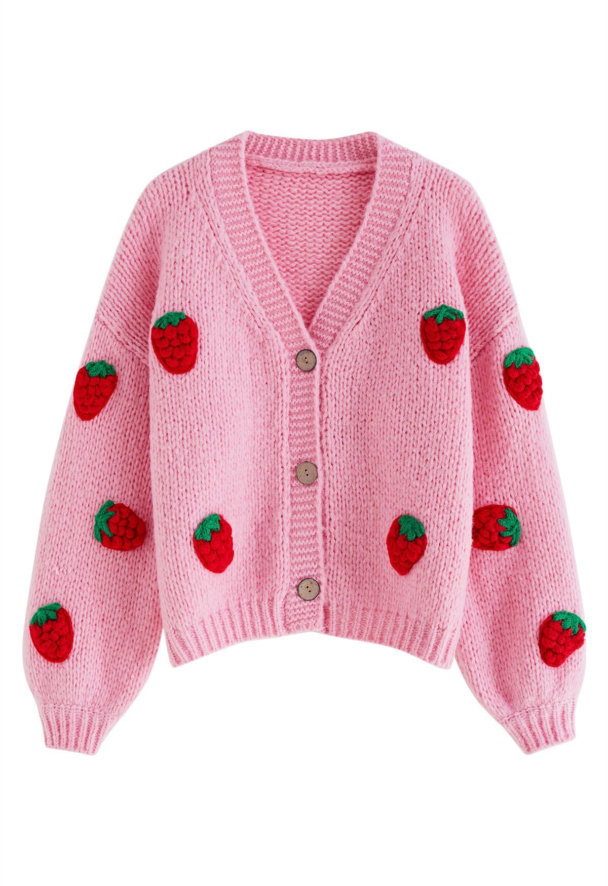 Stitch Strawberry Button Up Hand Knit Cardigan in Candy Pink | Chicwish