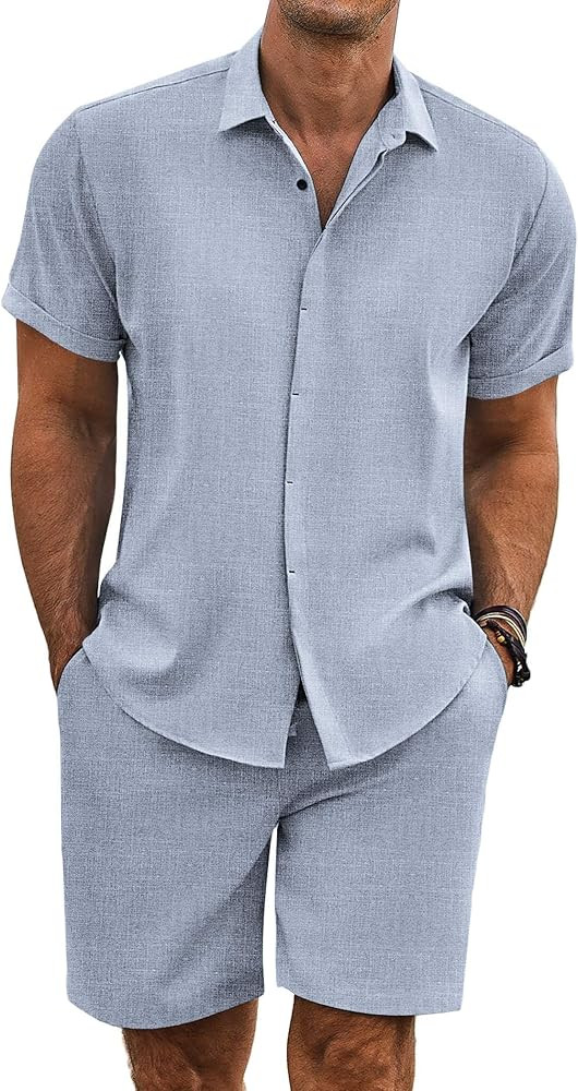 COOFANDY Men's Summer Beach Outfits 2 Piece Short Sleeve Shirts and Shorts Vacation Texture Linen... | Amazon (US)