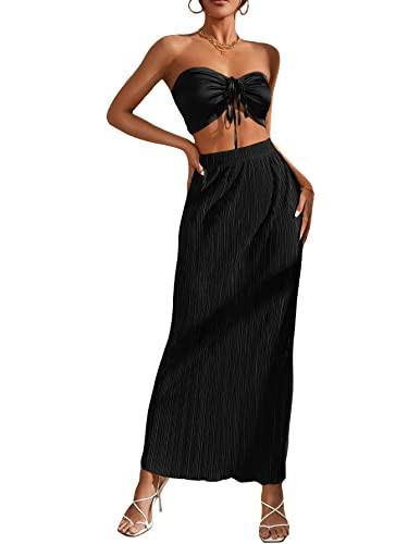 OYOANGLE Women's 2 Piece Outfits Off Shoulder Shirred Back Drawstring Ruched Front Crop Tube Top Plisse Skirt Set Black XS | Amazon (US)