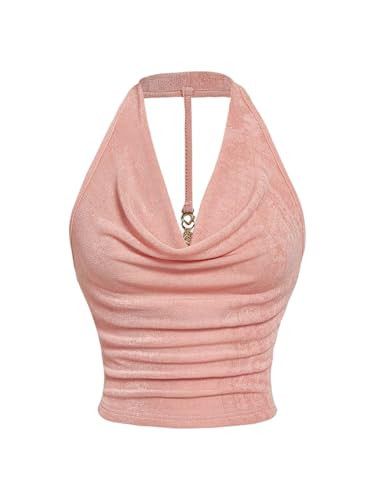 Milumia Women Ruched Halter Y2k Crop Tops Backless Cowl Neck Sleeveless Shirts Coral Pink Large | Amazon (US)