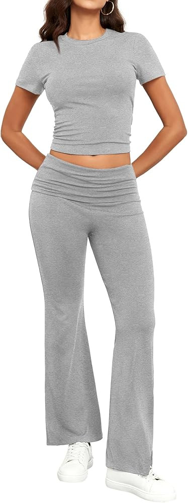 Casual Workout Two Piece Outfits for Women Short Sleeve Crop High Waist Foldover Flare Pants Tracksuit Sets Streetwear | Amazon (US)