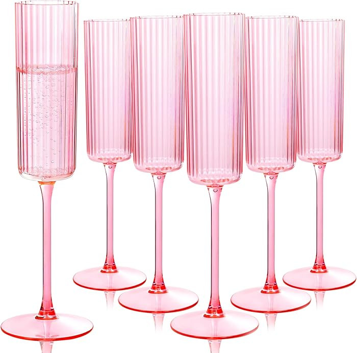36 Pack Pink Plastic Champagne Flutes - 6oz Ribbed Disposable Champagne Glasses - Clear Pink Vint... | Amazon (US)