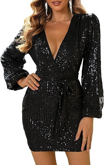 Feditch Women's Sequin One Shoulder Ruched Long Sleeve Wrap Bodycon Mini Cocktail Dress | Amazon (US)