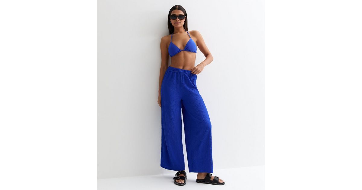 Blue Textured Wide Leg Beach Trousers | New Look | New Look (UK)