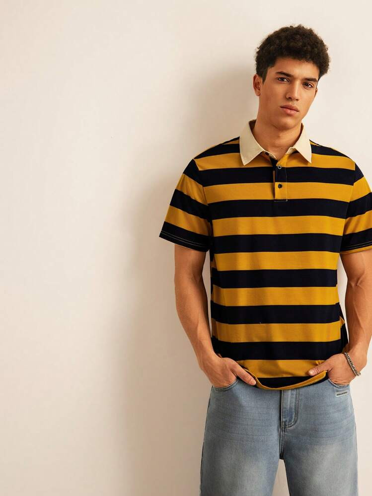 SWAVVY Men Striped Contrast Collar Polo Shirt, Casual Urban Half Button Shirt, For Boyfriend Gift, School | SHEIN