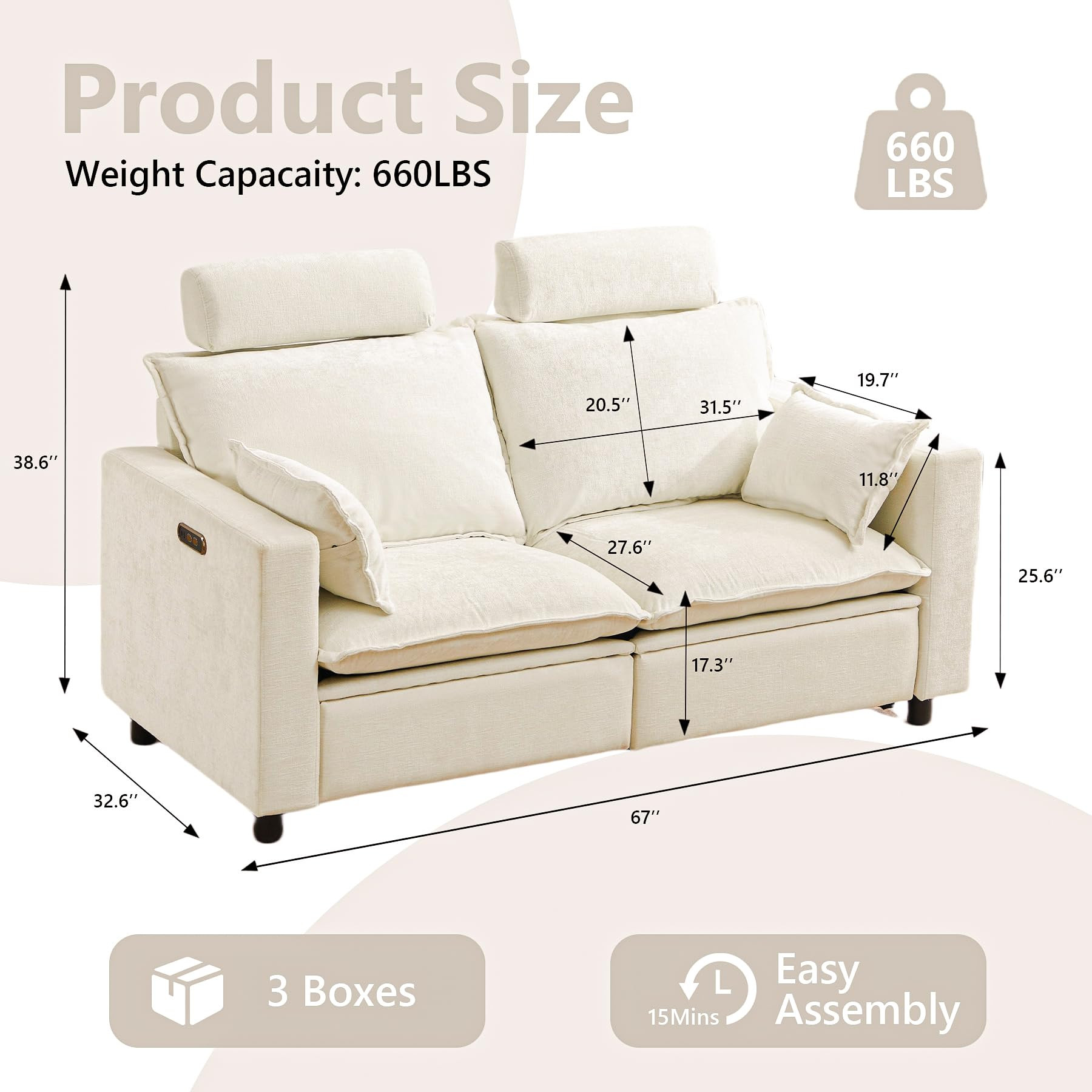 Oversized Power Reclining Sofa – Cream Cloud Chenille Recliner Couch with Adjustable Headrest, ... | Amazon (US)