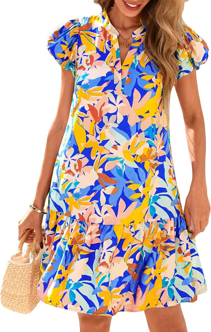 dowerme Womens Summer Dresses 2026 Puffy Sleeve V Neck Loose Floral Print A Line Boho Mini Babydo... | Amazon (US)