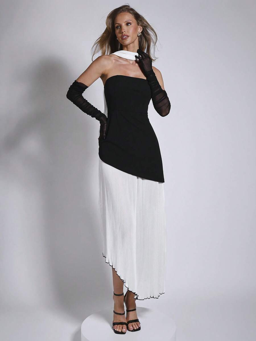 COSMINA Black And White Contrast Color Dress, Western Wear For Women, Petite Size, Sexy, Extra Lo... | SHEIN
