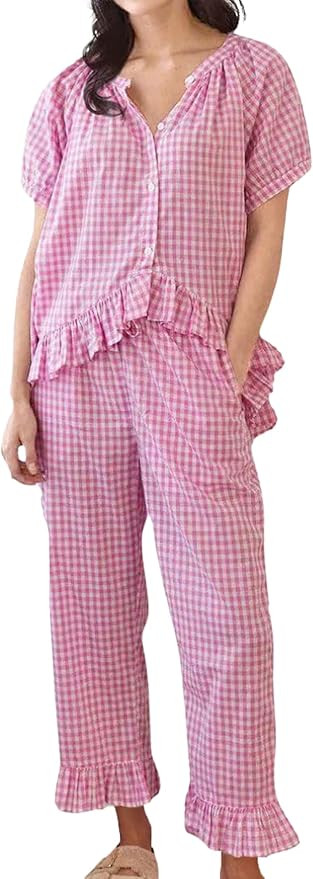 Womens Gingham Pajama Set 2 Piece Short Sleeve Babydoll Shirt and Pants Lounge Set Cute Sleepwear | Amazon (US)