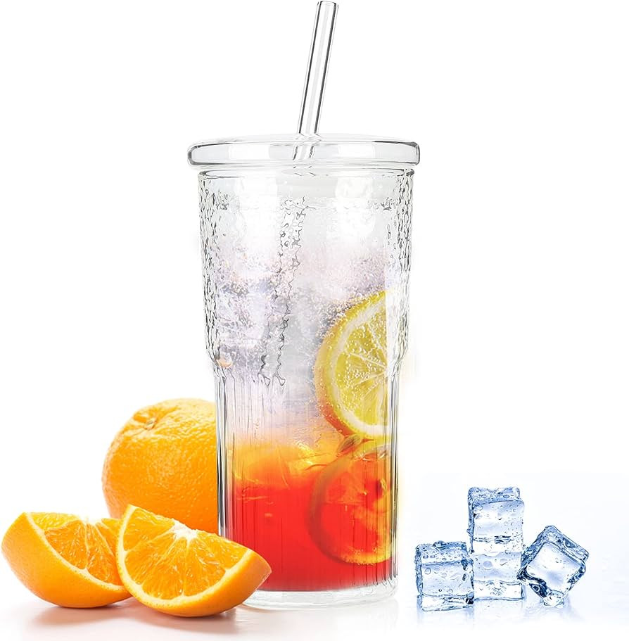 COMI Glass Cups With Lids and Straws, High Borosilicate Glass Tumbler for Ice Coffee,20oz Ribbed ... | Amazon (US)