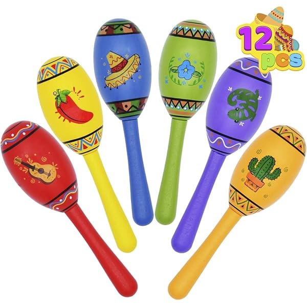24 Mini Wooden Fiesta Maracas 6 Designs Noisemaker for Mexican Fiesta, Cinco De Mayo Party Favors, M | Amazon (US)