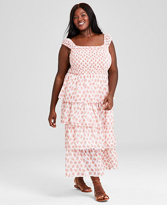Plus Size Printed Tiered Smocked Maxi Dress, Created for Macy's | Macy's