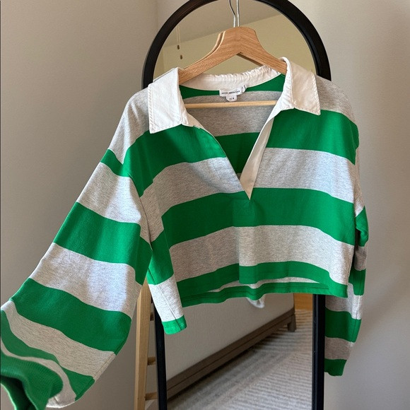 Good American Cropped Green and Gray Striped Rugby | Poshmark