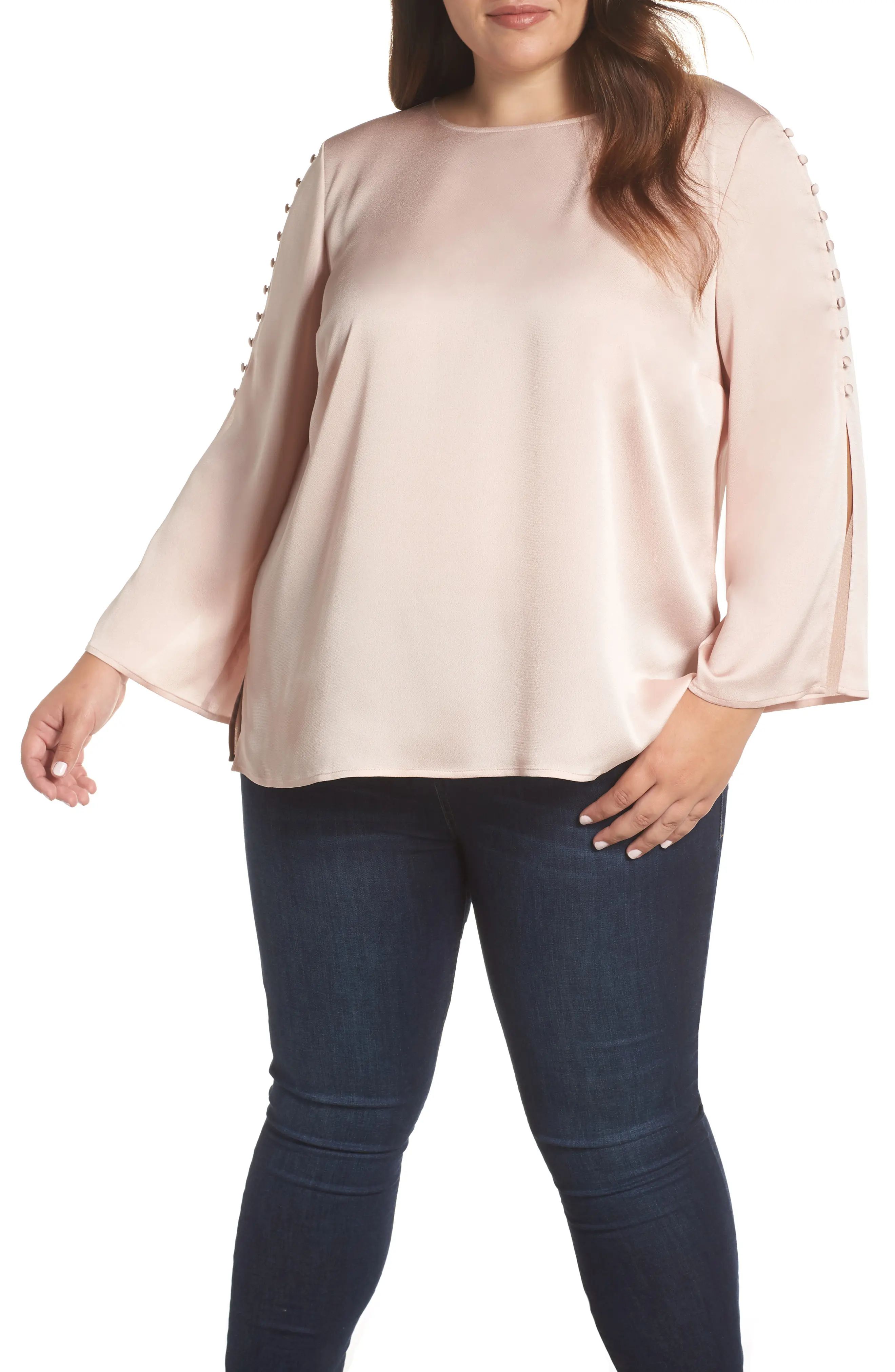 Plus Size Women's Vince Camuto Button Bell Sleeve Blouse, Size 1X - Pink | Nordstrom