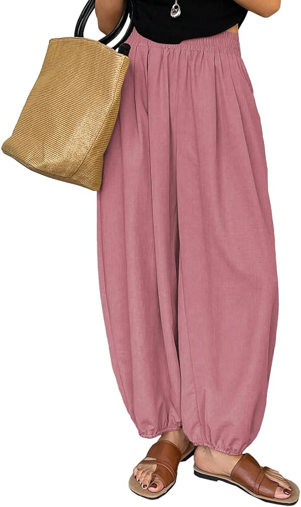 Astylish Womens Elastic High Waisted Baggy Barrel Pants 2026 Casual Lounge Boho Harem Trousers Pa... | Amazon (US)