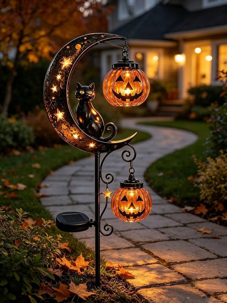 Solar Halloween Black Cat & Pumpkin Moon Garden Stake Light, 34inch Solar Black Cat Stake Light \... | Amazon (US)