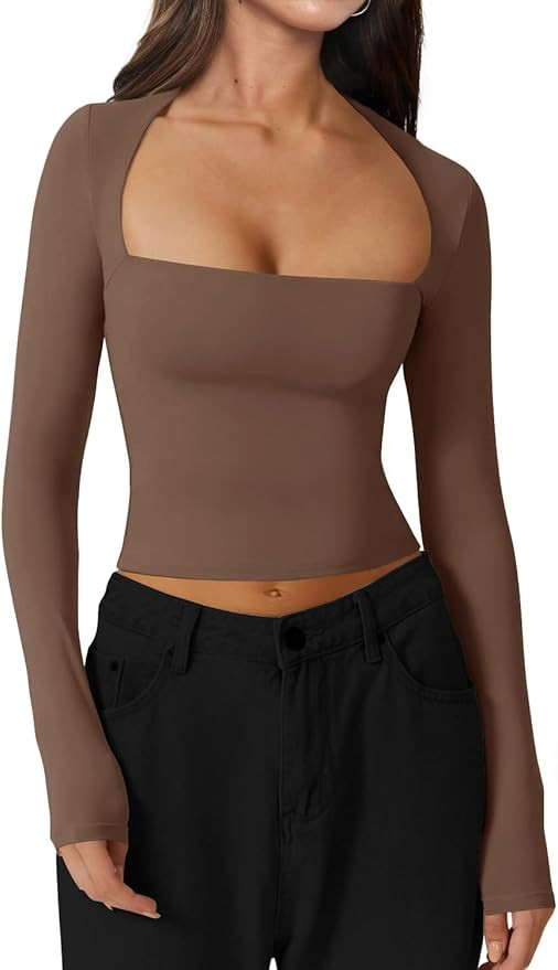 INFITTY Crop Tops for Women Basic Long Sleeve Y2k Tops Scoop Neck Slim Fitted T-Shirts | Amazon (UK)