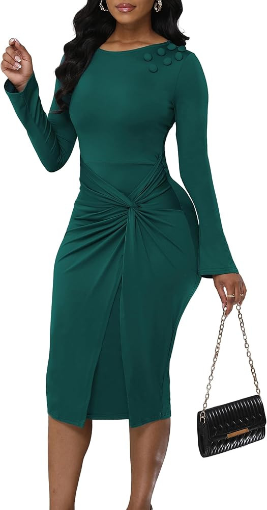 Twist Front Wrap Long Sleeve Dress for Women Button Decoration Ruched Midi Party Dresses | Amazon (US)