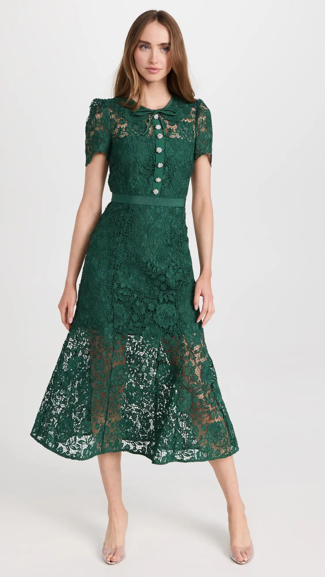 Self Portrait Green Cord Lace Midi Dress | Shopbop | Shopbop