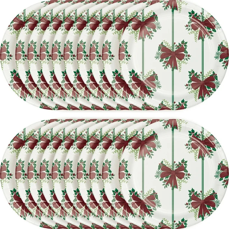 Holly Bow Christmas Disposable Paper Plates, 9", Red and Green, 20 Count, by Holiday Time | Walmart (US)