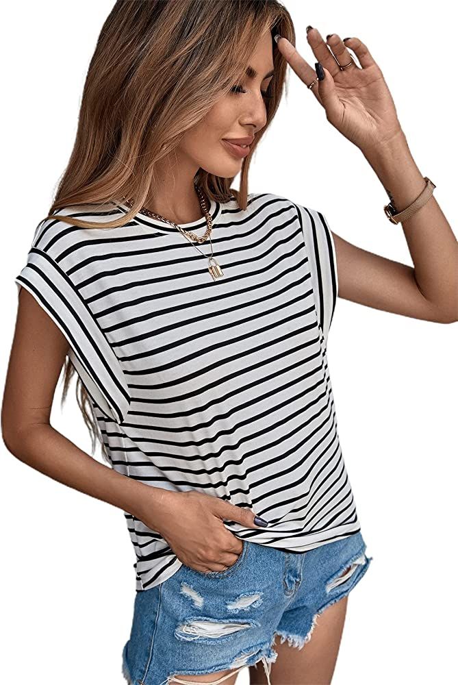 Floerns Women's Casual Stripe Print Batwing Sleeve T Shirts Round Neck Tee | Amazon (US)