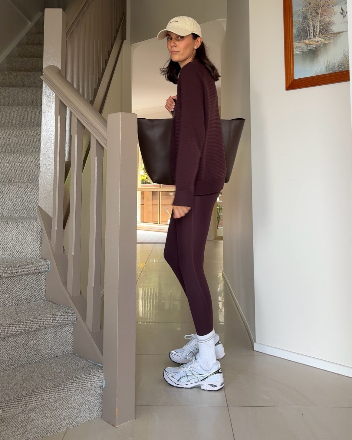 My go-to combo for winter days as a busy mum of two toddlers! Leggings nimble - in motion (size XS), sweater Nimble (s), cap nimble, shoes are asics and bag assembly label!