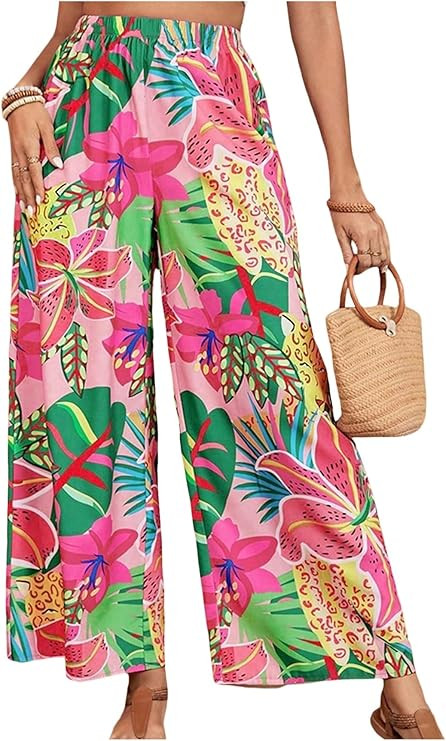 Floerns Women's Plus Size Floral Wide Leg Palazzo Pants Lounge Boho Beach Trousers | Amazon (US)
