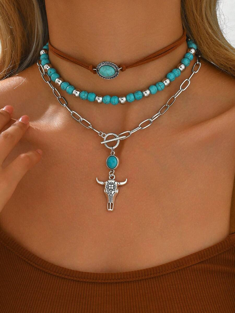 3pcs/Set Western Country Boho Turquoise Bull Head Pendant Necklace Set, Vintage Choker Necklace F... | SHEIN