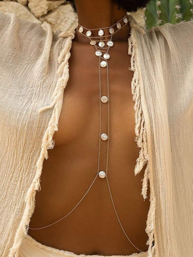 Beach Metal Bikini Chest Chain Harness Dress Clothing Women Festival Bra Crystal Body Jewelry Necklace Prom Party | SHEIN