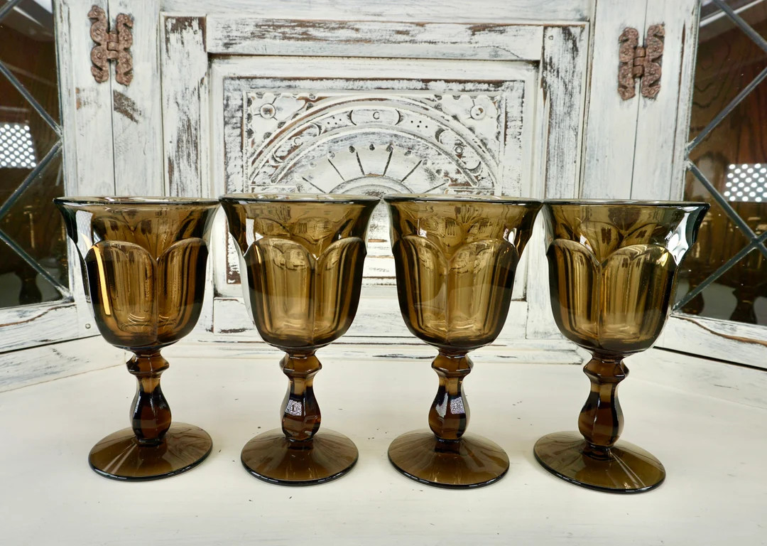 Old Williamsburg by Imperial Glass, Vintage Green Glass Goblets, Brown Wine Goblets | Etsy (US)