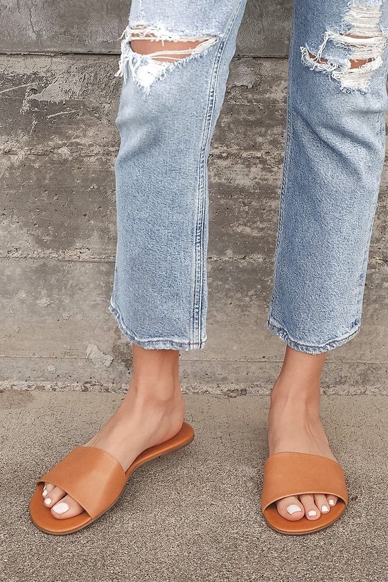 Tara Cognac Nappa Leather Slide Sandals | Lulus (US)