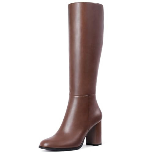Lumeheel Brown Knee High Boots for Women - Round Toe Chunky Heel Boots with Side Zip, Fashion Tall Boots for Fall Winter, Size 11 | Amazon (US)