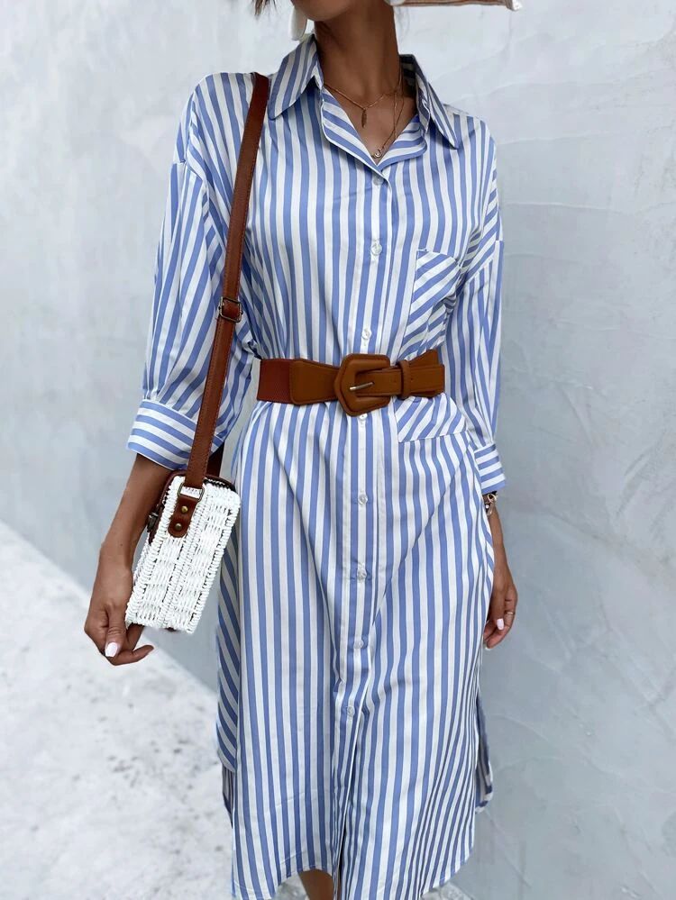 Vertical Striped Shirt Dress Without Belt | SHEIN