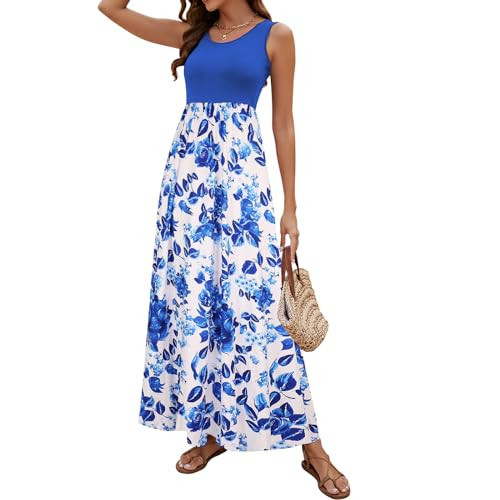 Sun Dresses Women Summer Maxi Dress Casual Floral Dress for Women Beach Vacation(Boho Blue Floral,X-Large) | Amazon (US)