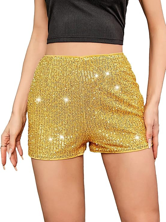 SweatyRocks Women's Sequins High Elastic Waist Straight Leg Shorts Solid Glitter Party Shorts | Amazon (US)