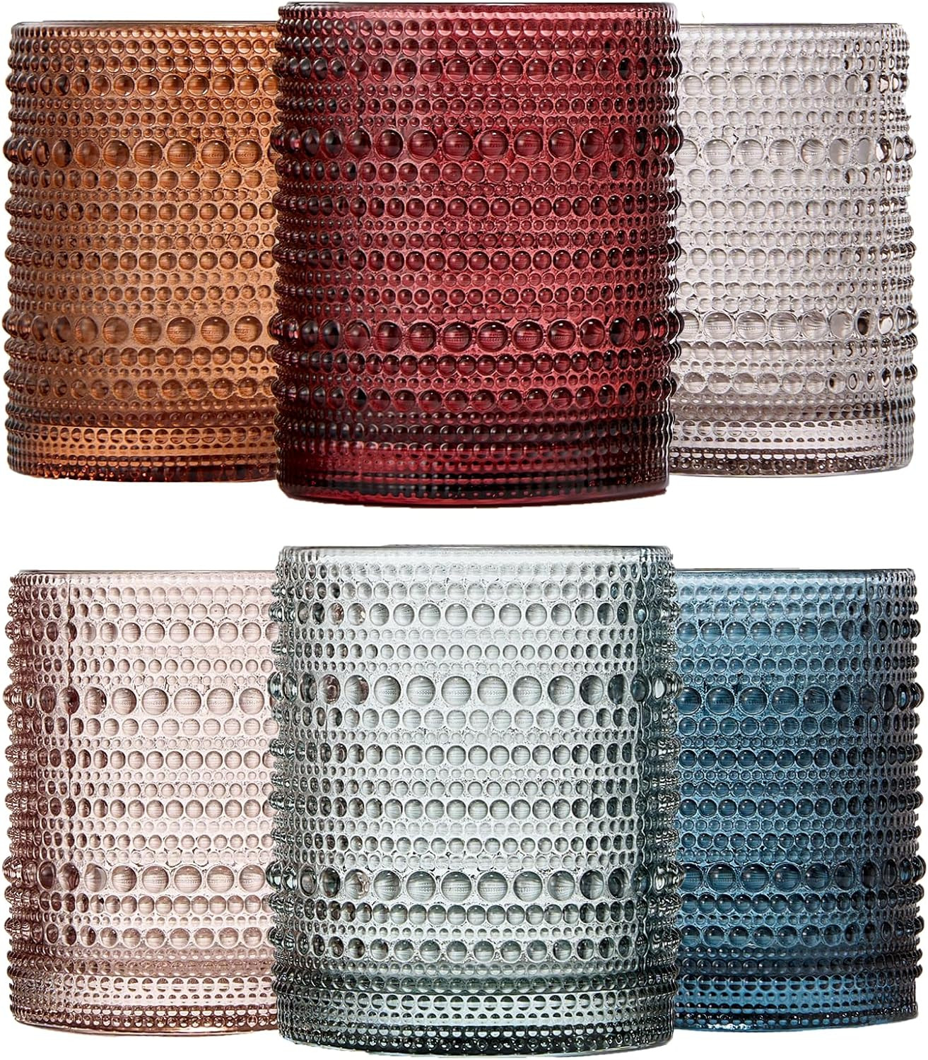 Beaded Hobnail Tumbler Drinking Glasses Set | Set of 6 | Vintage Colored Hobnails 11 OZ Muted Bubble Design Whiskey Glassware, Old-Fashioned, Embossed Design Glass Water, Wine, Cocktail HAND WASH ONLY | Amazon (US)