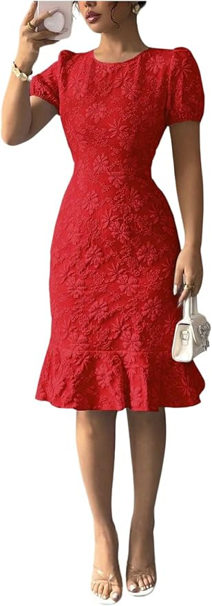 SOLY HUX Women's Jacquard Ruffle Puff Sleeve Crew Neck Bodycon Dress | Going Out Dress, Elegant, ... | Amazon (US)