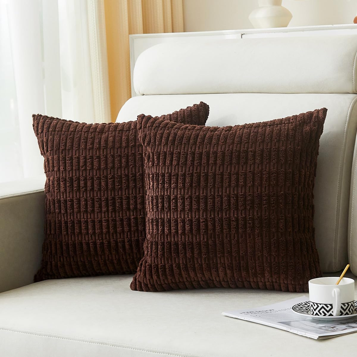 Sunday Praise 2 Packs Dark Brown Decorative Throw Pillow Covers 18x18 Inch Soft Corduroy Striped ... | Amazon (US)